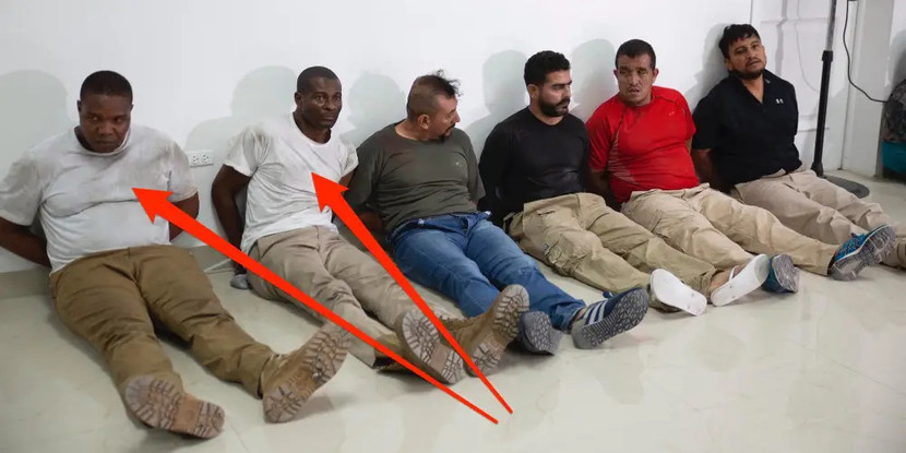 Nhóm nghi phạm bị bắt tại Haiti liên quan đến vụ ám sát Tổng thống President Jovenel Moise, trong đó 2 công dân Mỹ-Haiti đang bị xét xử tại Mỹ là James Solages và Joseph Vincent (ở ngoài cùng bên trái)