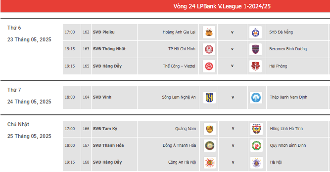 Lịch thi đấu vòng 24 V-League 2024/25 Lịch thi đấu vòng 24 V-League 2024/25