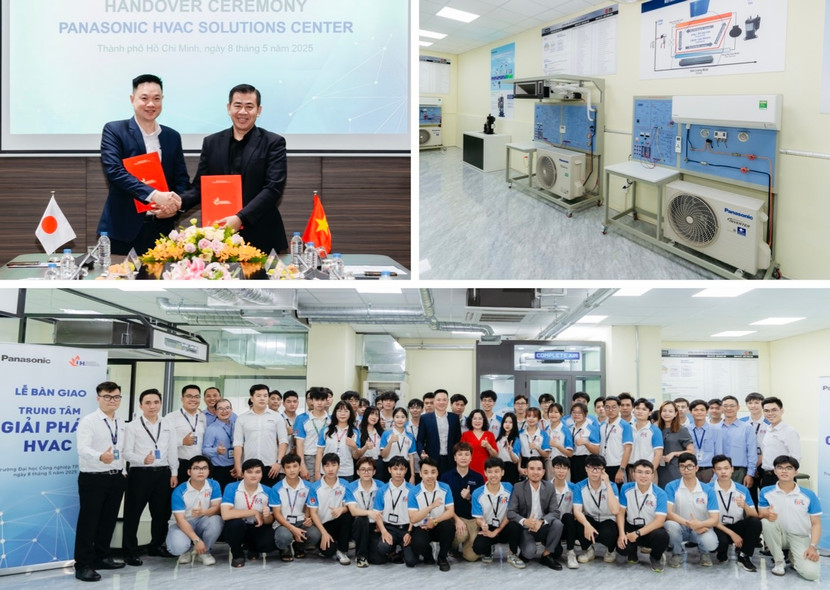 Đại diện các bên tại lễ bàn giao (ảnh trên); sinh viên Đại học Công nghiệp TP.HCM trải nghiệm Trung tâm Giải pháp HVAC (ảnh dưới) Đại diện các bên tại lễ bàn giao (ảnh trên); sinh viên Đại học Công nghiệp TP.HCM trải nghiệm Trung tâm Giải pháp HVAC (ảnh dưới)