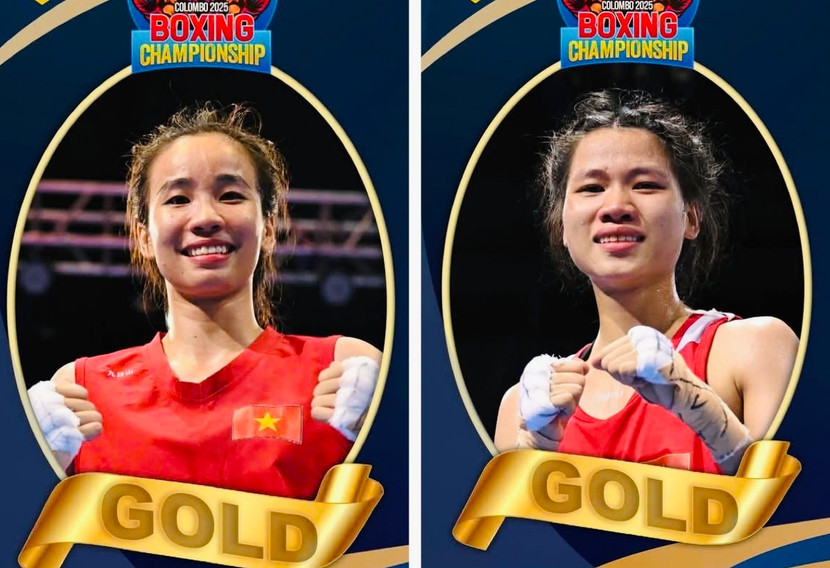 Ngọc Trân (trái) và Kim Ngân giành huy chương vàng cho đoàn Việt Nam