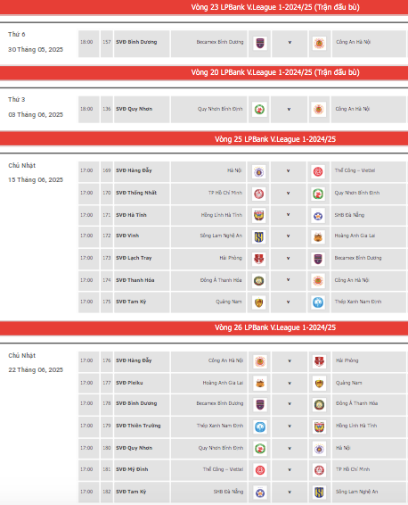 Lịch thi đấu các trận còn lại của V-League 2024/25