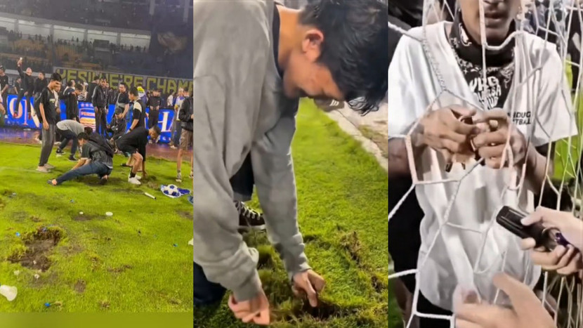 Cổ động viên Indonesia tràn xuống sân cắt lưới, đào trộm cỏ sân vận động mang về nhà trong ngày CLB Persib Bandung vô địch quốc gia