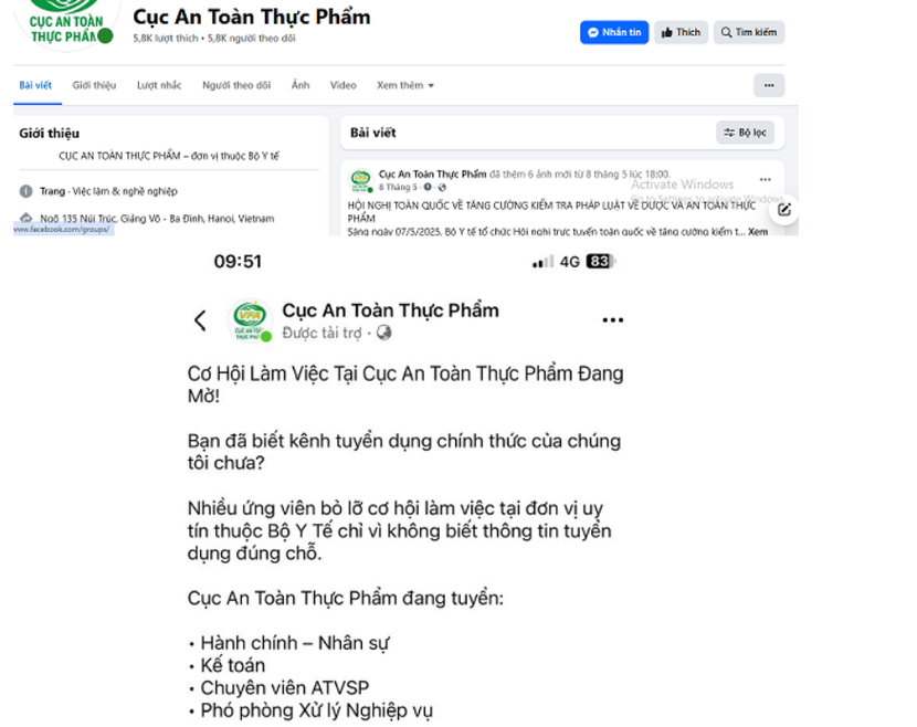 Hình ảnh đăng tin sai sự thật trên trang fanpage mạo danh Cục An toàn thực phẩm