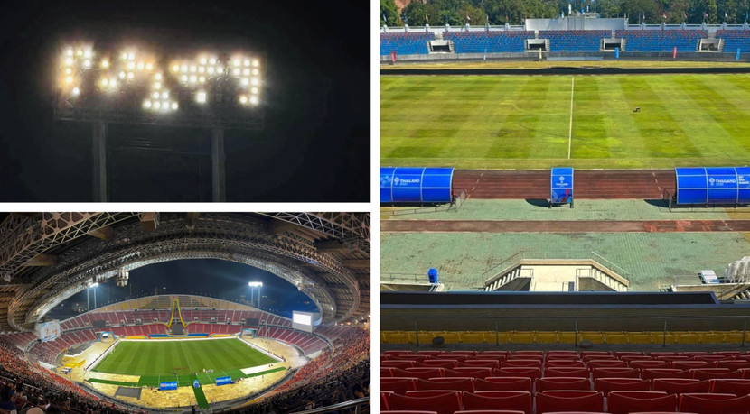 Dàn đèn sân Rajamangala bị cháy nhiều bóng phải sang sân khác mượn thêm (ảnh trái) và sân Chiangmai mặt cỏ úa vàng, cũ kỹ dù vừa được đầu tư nâng cấp Dàn đèn sân Rajamangala bị cháy nhiều bóng phải sang sân khác mượn thêm (ảnh trái) và sân Chiangmai mặt cỏ úa vàng, cũ kỹ dù vừa được đầu tư nâng cấp