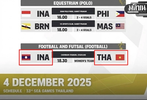 Ban tổ chức SEA Games 33 mắc sai sót khi hiển thị quốc kỳ gắn với tên các đội tuyển Indonesia và Thái Lan ở môn futsal nữ đại hội (Ảnh chụp màn hình)