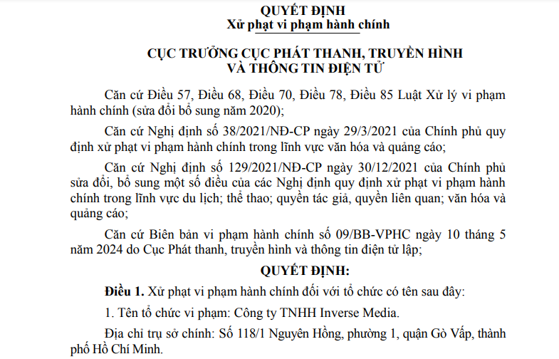 Quyết định xử phạt vi phạm hành chính Công ty TNHH Inverse Media Quyết định xử phạt vi phạm hành chính Công ty TNHH Inverse Media