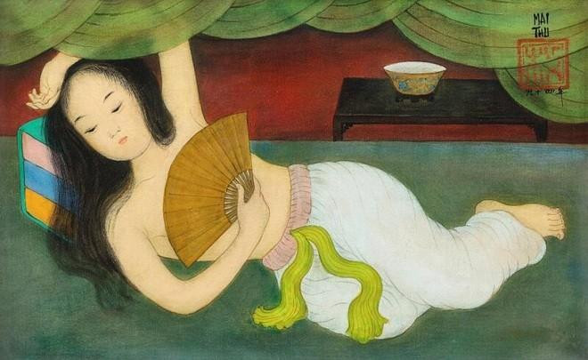 Bức tranh lụa "Cô gái đang nằm" được Mai Trung Thứ thực hiện vào năm 1964, kích thước 23 x 36 cm. Mức giá khởi điểm từ 800.000-1,5 triệu HKD. (Nguồn: Sotheby) Bức tranh lụa "Cô gái đang nằm" được Mai Trung Thứ thực hiện vào năm 1964, kích thước 23 x 36 cm. Mức giá khởi điểm từ 800.000-1,5 triệu HKD. (Nguồn: Sotheby)
