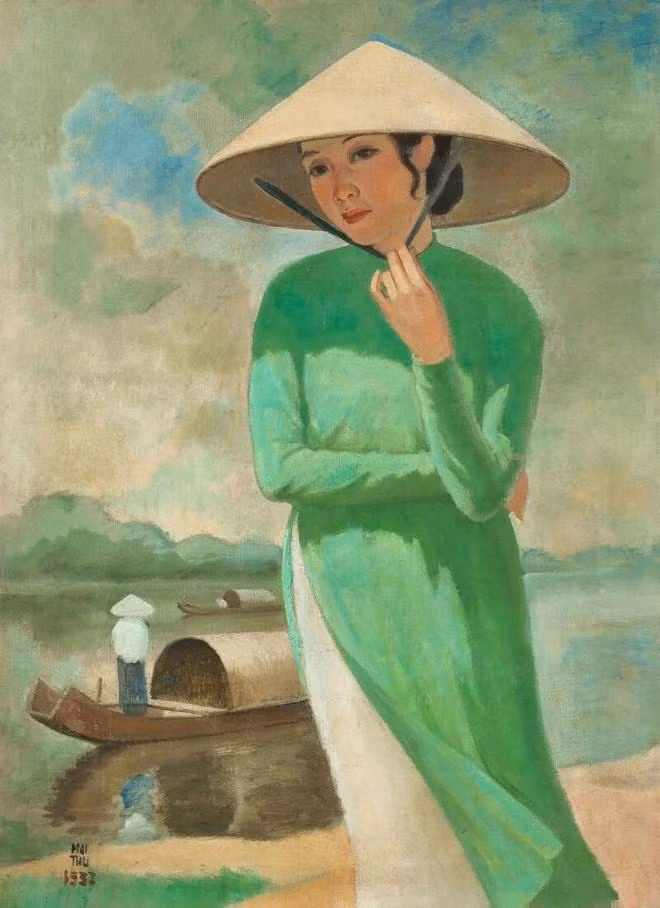 Bức tranh sơn dầu "Người phụ nữ đội nón đứng bên sông" được thực hiện năm 1937. Tác phẩm có kích thước 98 x 71 cm. Mức giá khởi điểm dao động trong khoảng từ 5-7 triệu HKD (tương đương từ 14,6 tỷ đồng - 20,5 tỷ đồng). (Nguồn: Sotheby). Bức tranh sơn dầu "Người phụ nữ đội nón đứng bên sông" được thực hiện năm 1937. Tác phẩm có kích thước 98 x 71 cm. Mức giá khởi điểm dao động trong khoảng từ 5-7 triệu HKD (tương đương từ 14,6 tỷ đồng - 20,5 tỷ đồng). (Nguồn: Sotheby).