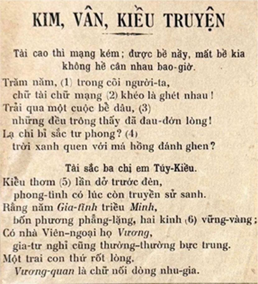 Năm 1911, Bản "Kim Vân Kiều truyện" của Trương Vĩnh Ký vẫn thể hiện cặp thơ lục bát là một câu, viết hoa câu 6.