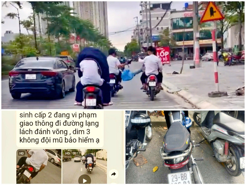 Nhóm học sinh mặc áo đồng phục điều khiển xe máy chở nhau vi phạm giao thông bị người dân ghi lại hình ảnh phản ánh đến đường dây &quot;nóng&quot; của Phòng Cảnh sát giao thông