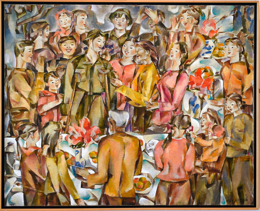 Bức "Đón thương binh về làng" có phong cách phóng khoáng, màu sắc tươi vui