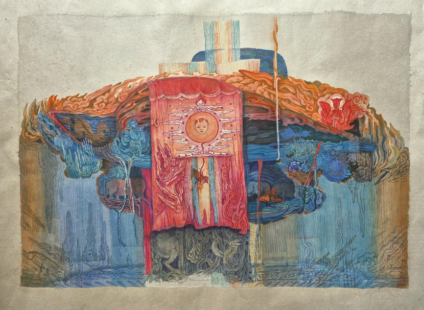 Nguyễn Nghĩa Phương Tác phẩm: Chuyện cây đa làng Kích thước: 54cm x 79cm Chất liệu: Màu nước, giấy Dó Năm sáng tác: 2025