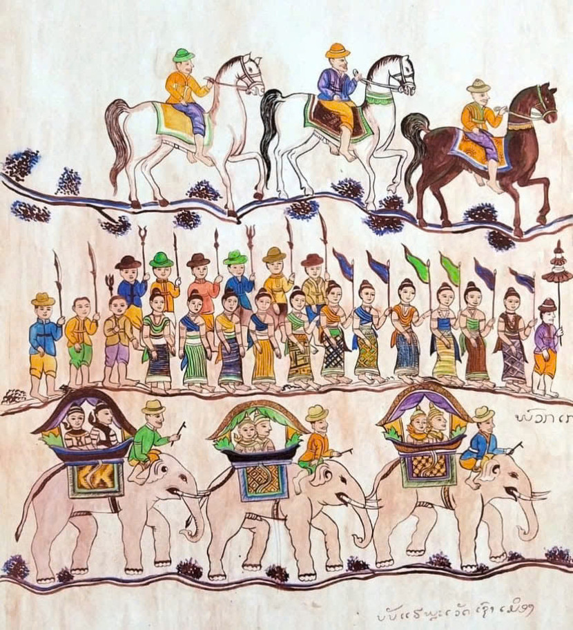 Rước Vua, 2023 The King procession , 2023 (Chép lại tranh tường chùa ở tỉnh Savannakhet) Khamsouk Keovongsay Acrylic trên vải 80 x 80cm