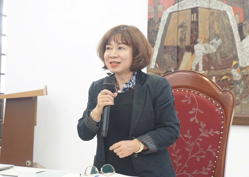 ThS. Phạm Thị Thanh Tú – Bí thư Đảng ủy, Chủ tịch Hội đồng trường Trường Đại học Mỹ thuật Việt Nam phát biểu tại buổi họp báo.