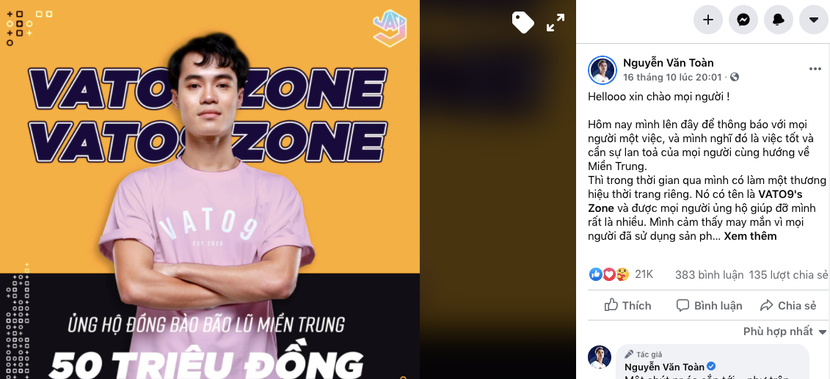 Văn Toàn ủng hộ 50 triệu đồng, mong muốn phần nào chia sẻ với đồng bào miền Trung