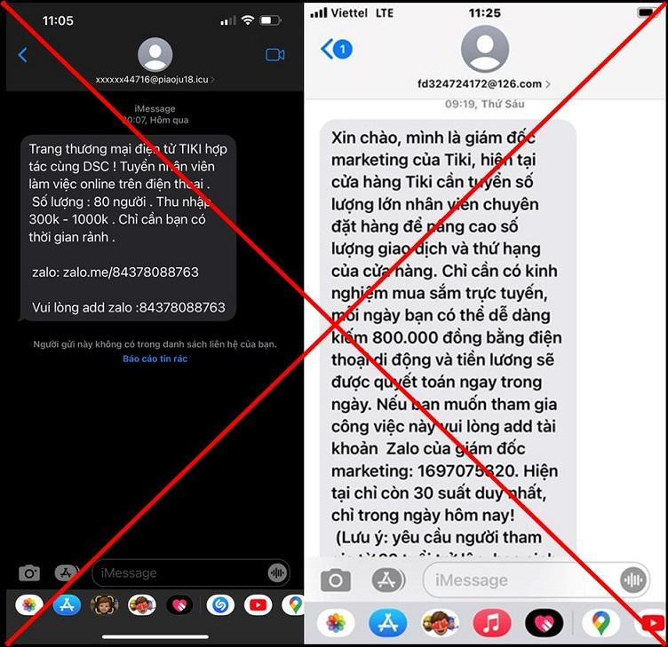 Nhiều tin nhắn lừa đảo tuyển dụng, giả mạo sàn TMĐT Tiki