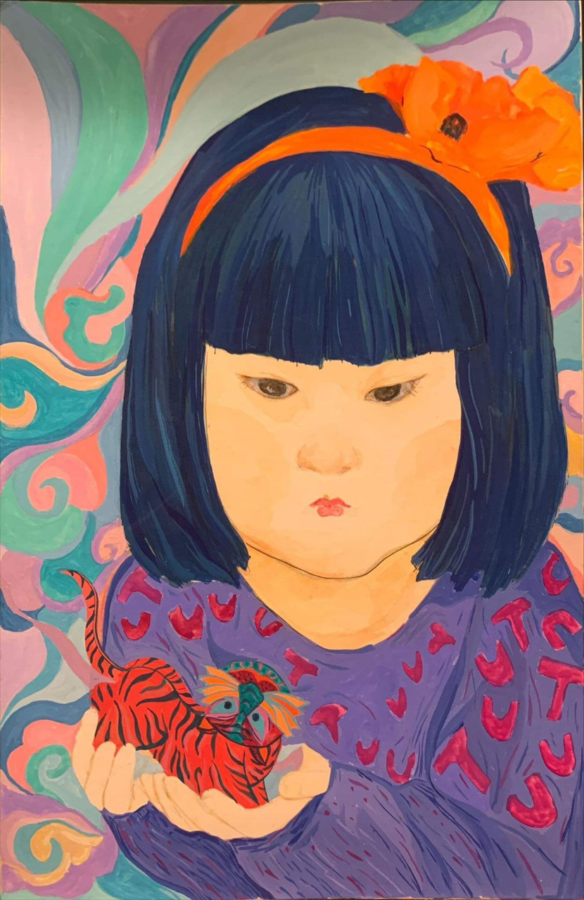 "Em bé và hổ nhỏ". Nguyễn Thanh Vân ( màu gouache)