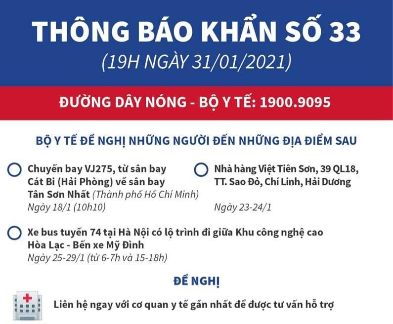 Thông báo khẩn số 33 của Bộ Y tế tối 31/1 Thông báo khẩn số 33 của Bộ Y tế tối 31/1