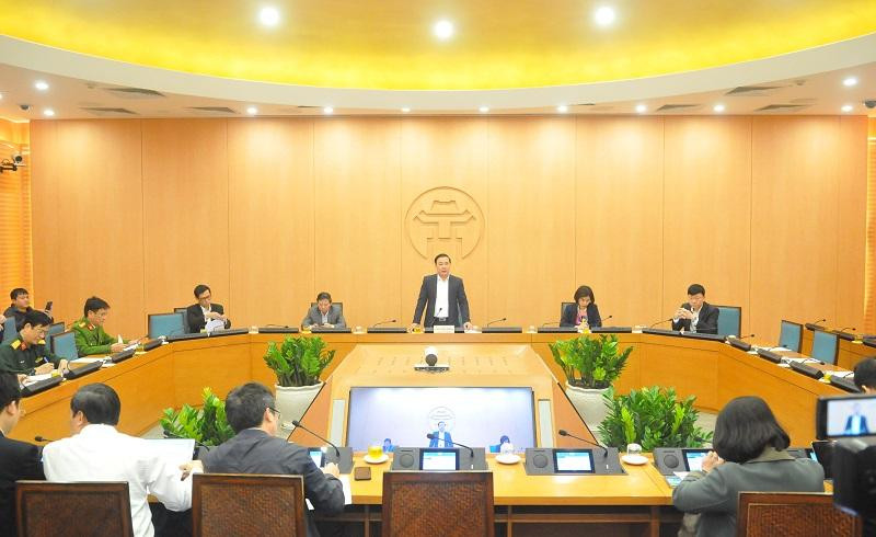 Quang cảnh cuộc họp Ban chỉ đạo phòng chống dịch Covid-19 TP Hà Nội chiều nay