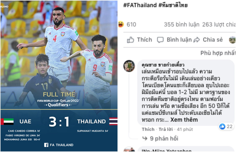 Nhiều CĐV Thái Lan bày tỏ thất vọng, trút giận qua trang facebook Liên đoàn bóng đá Thái Lan sau thất bại của đội nhà (ảnh chụp màn hình)