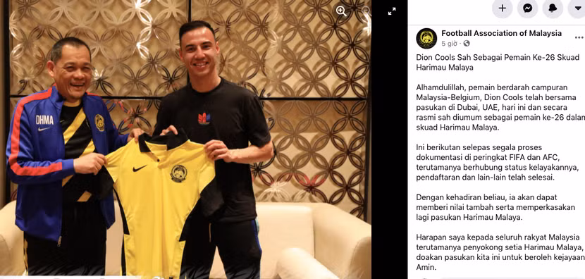 Liên đoàn bóng đá Malaysia thông báo đã triệu tập thành công Johan Dion Cools