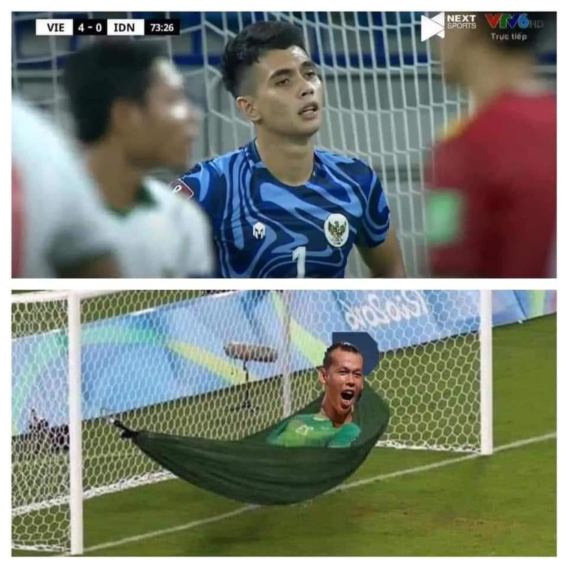 Cổ động viên dí dỏm ghép ảnh so sánh sự đối lập giữa Tấn Trường và đồng nghiệp Nadeo trong trận Việt Nam thắng Indonesia 4-0