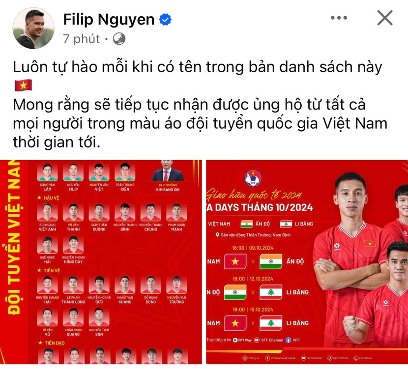 Nguyễn Filip bày tỏ tự hào khi tiếp tục có tên trong danh sách đội tuyển Việt Nam Nguyễn Filip bày tỏ tự hào khi tiếp tục có tên trong danh sách đội tuyển Việt Nam