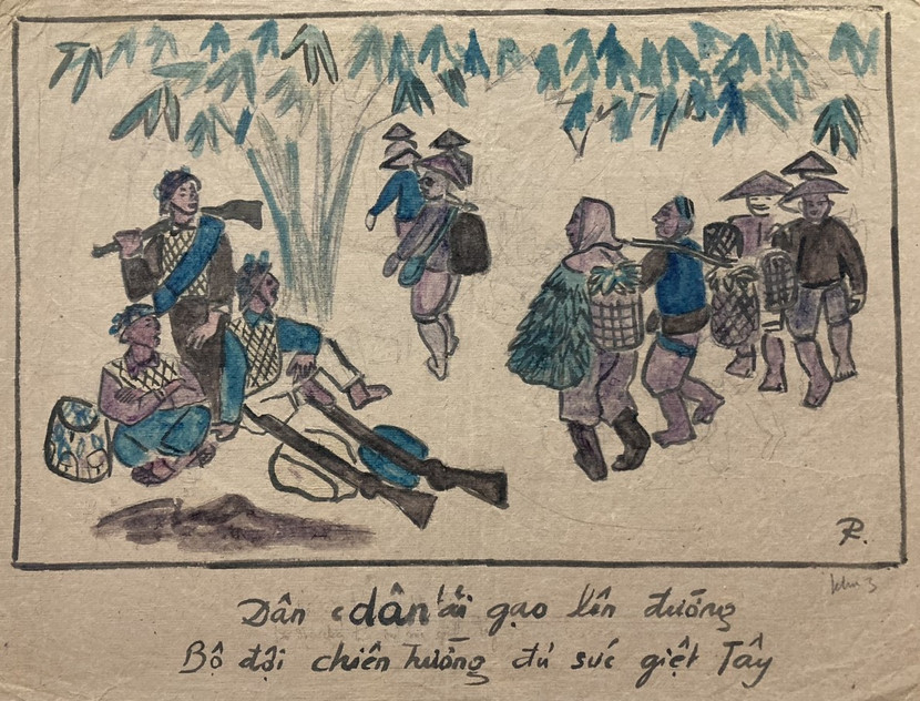 Tranh màu nước "Dân công kháng chiến" của Lê Quốc Lộc, 1948