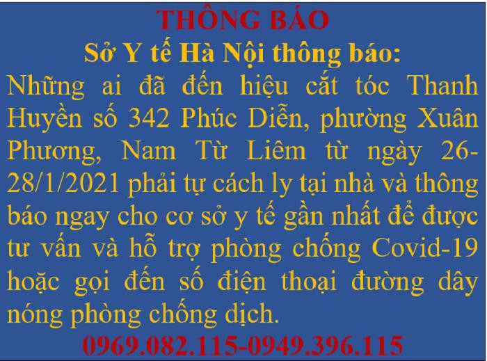 Sở Y tế Hà Nội thông báo địa điểm liên quan đến bệnh nhân Covid-19 mới