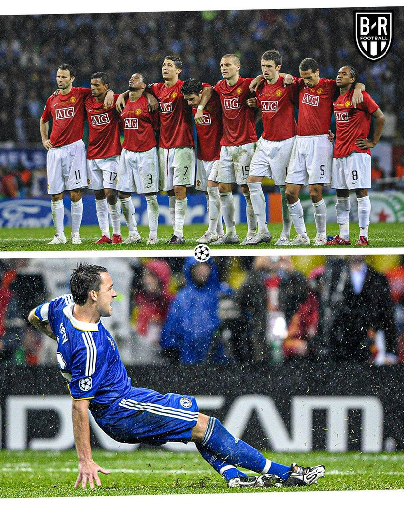 3. Man United vs Chelsea (2007/2008). Đây là trận chung kết Champions League đầu tiên của Chelsea. Tuy nhiên, nó lại diễn ra theo cách nghiệt ngã với The Blues, khi trung vệ đội trưởng John Terry trượt chân, sút hỏng quả đá luân lưu quyết định, sau đó đến lượt Anelka thất bại và Chelsea đành nhìn M.U đoạt cúp. 3. Man United vs Chelsea (2007/2008). Đây là trận chung kết Champions League đầu tiên của Chelsea. Tuy nhiên, nó lại diễn ra theo cách nghiệt ngã với The Blues, khi trung vệ đội trưởng John Terry trượt chân, sút hỏng quả đá luân lưu quyết định, sau đó đến lượt Anelka thất bại và Chelsea đành nhìn M.U đoạt cúp.