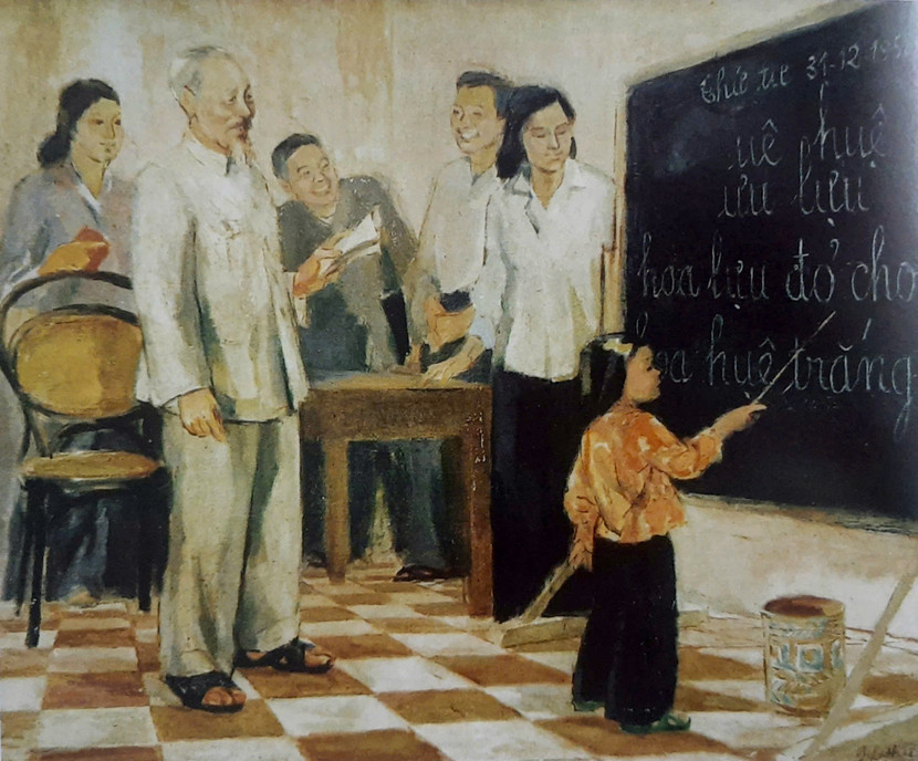 Bức tranh sơn dầu "Bác Hồ thăm lớp vỡ lòng", 1976, hiện đang lưu giữ tại Bảo tàng Mỹ thuật Việt Nam. Bức tranh sơn dầu "Bác Hồ thăm lớp vỡ lòng", 1976, hiện đang lưu giữ tại Bảo tàng Mỹ thuật Việt Nam.
