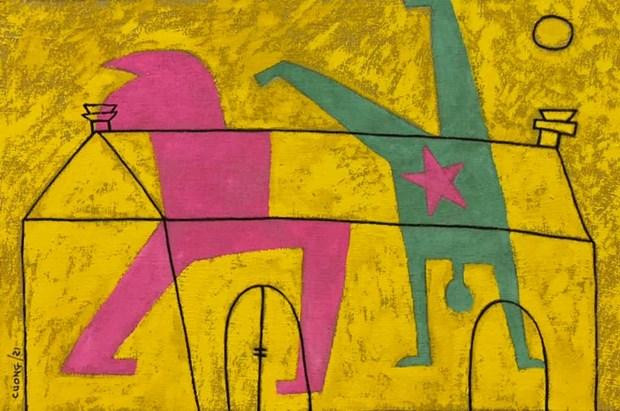 Tác phẩm: "Trung thu phố" chất liệu bột mầu trên vải màn bồi trên giấy dó/2021 của họa sĩ Lê Thiết Cương