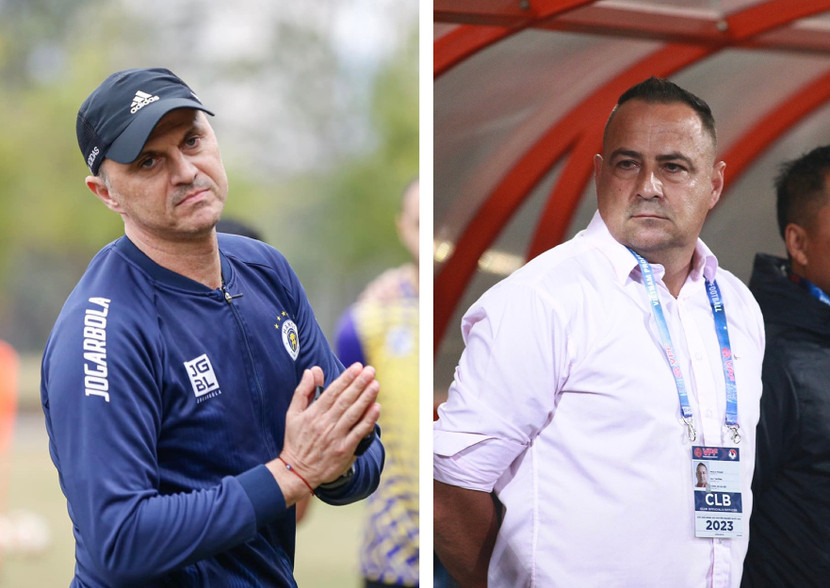 HLV Bandovic của Hà Nội FC (trái) và HLV Foiani của Công an Hà Nội FC