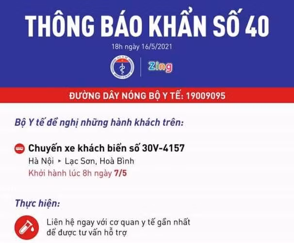 Bộ Y tế ra thông báo khẩn tìm người đi chuyến xe khách từ Hà Nội đến Hòa Bình