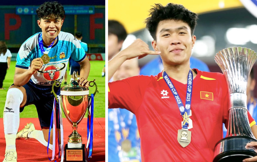 Phạm Lý Đức bên chiếc cúp vô địch giải U21 quốc gia 2024 (trái) và U23 Đông Nam Á 2025