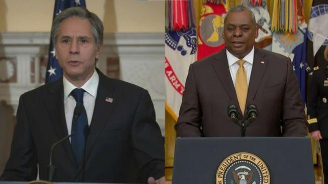 Ngoại trưởng Antony Blinken (trái) và Bộ trưởng Quốc phòng Mỹ Lloyd Austin