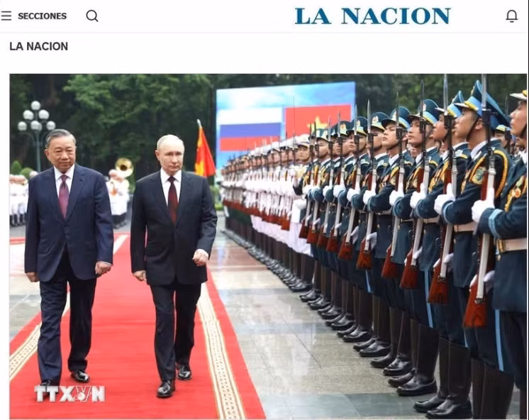 Ảnh chụp màn hình bài đăng trên tờ La Nacion (Argentina) về chuyến thăm Việt Nam của Tổng thống Nga Vladimir Putin