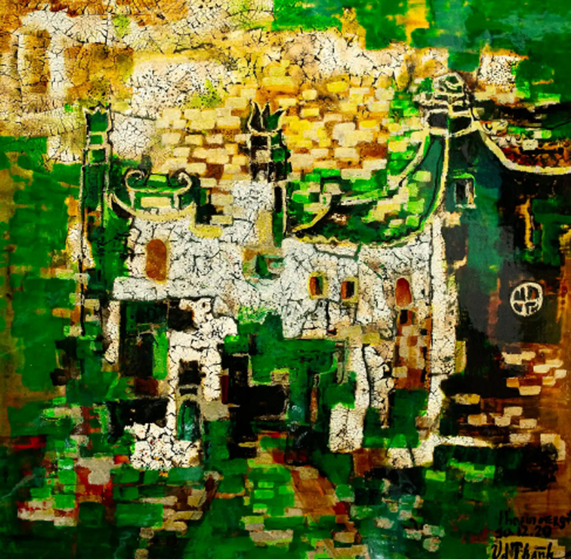 "Ký ức làng Đông Ngạc, Hà Nội”, sơn mài vàng bạc, vỏ trứng trên gỗ, 90 x 90 cm, 2/2025 "Ký ức làng Đông Ngạc, Hà Nội”, sơn mài vàng bạc, vỏ trứng trên gỗ, 90 x 90 cm, 2/2025