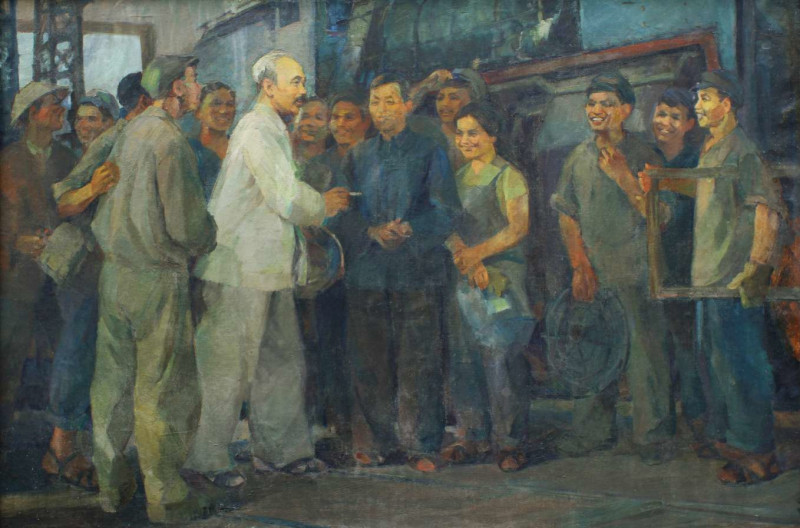 Tranh sơn dầu &quot;Bác Hồ với công nhân nhà máy xe lửa Gia Lâm&quot; của tác giả Phạm Lung, sáng tác năm 1979.