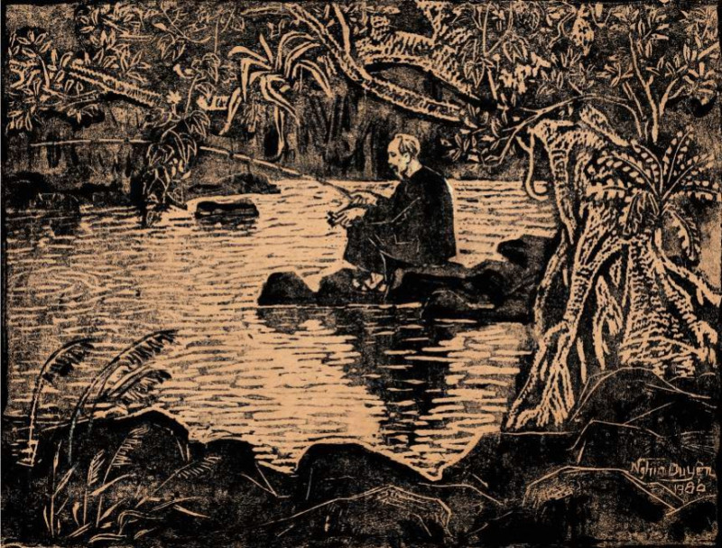 Tranh khắc gỗ &quot;Bác Hồ câu cá&quot; của tác giả Nghĩa Duyện, sáng tác năm 1980.