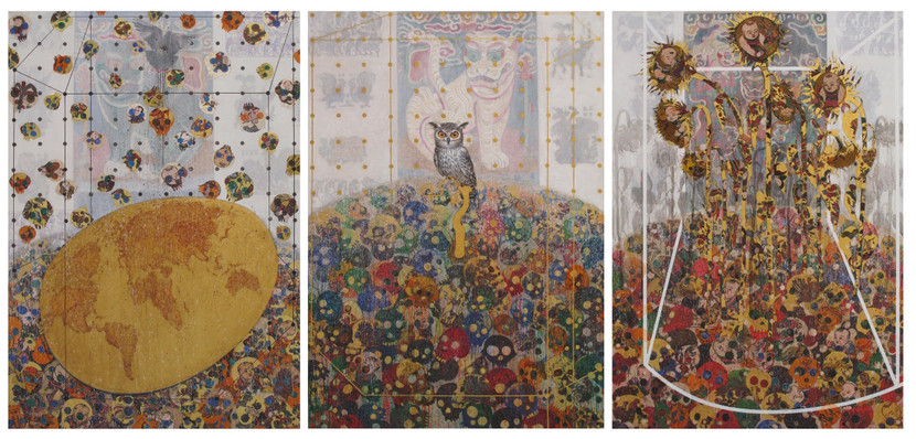 Bộ tác phẩm "Chiến tranh I, II, III" Chất liệu: vàng lá, bác lá tranh dân gian đông hồ , hàng trống , kim hoàng trên toan