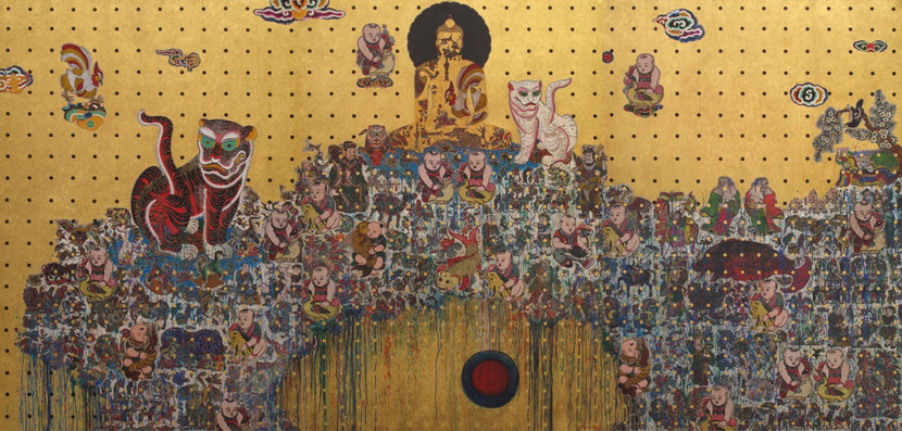 Tác phẩm "Cõi nhân gian I" Chất liệu: vàng lá, bác lá tranh dân gian đông hồ , hàng trống , kim hoàng trên toan