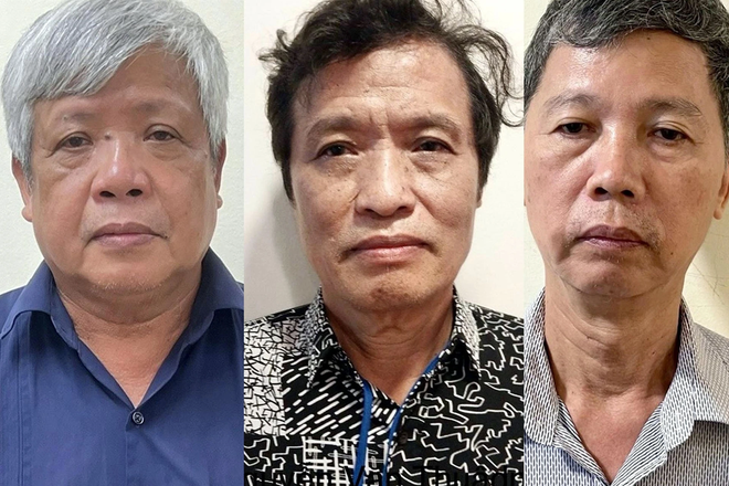 Cựu Thứ trưởng Nguyễn Linh Ngọc (bên trái) và 2 bị cáo liên quan