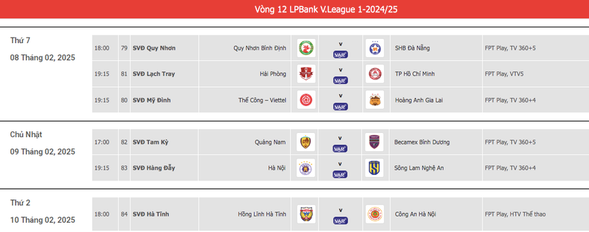 Lịch thi đấu 6 trận còn lại vòng 12 V-League 2024/25 Lịch thi đấu 6 trận còn lại vòng 12 V-League 2024/25