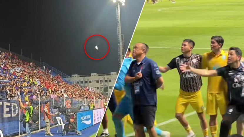 Cổ động viên Muangthong United ném cốc nước vào chủ tịch, thành viên đội khách Buriram United (Ảnh cắt từ clip)