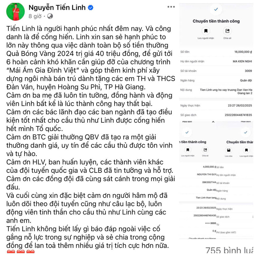 Tiền đạo 1997 gửi lời cảm ơn mọi người và gửi tặng toàn bộ 40 triệu đồng tiền thưởng cho các hoàn cảnh khó khăn