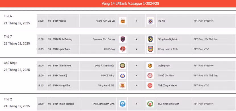 Lịch thi đấu vòng 14 V-League 2024/25