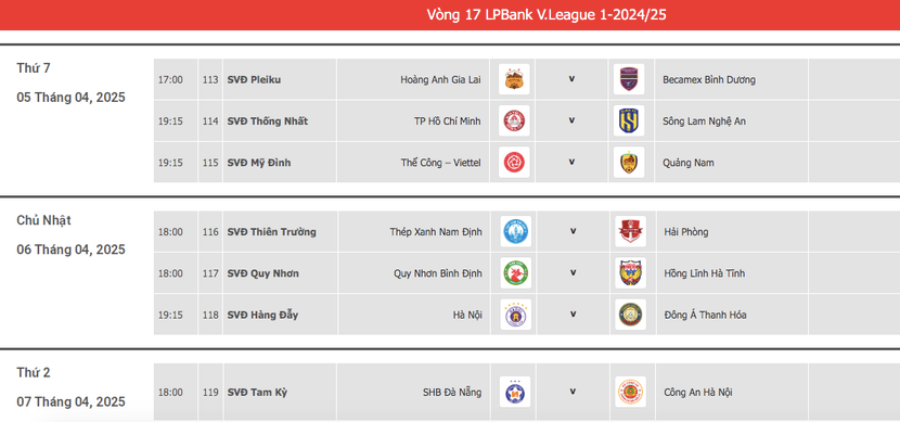 Lịch thi đấu vòng 17 V-League 2024/25 Lịch thi đấu vòng 17 V-League 2024/25