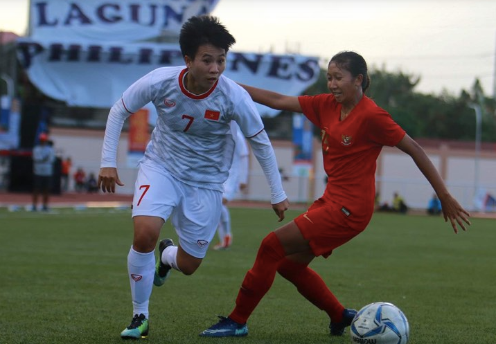 Tuyển nữ Việt Nam (trái) từng thi đấu sân cỏ nhân tạo tại Philippines khi dự SEA Games 2019