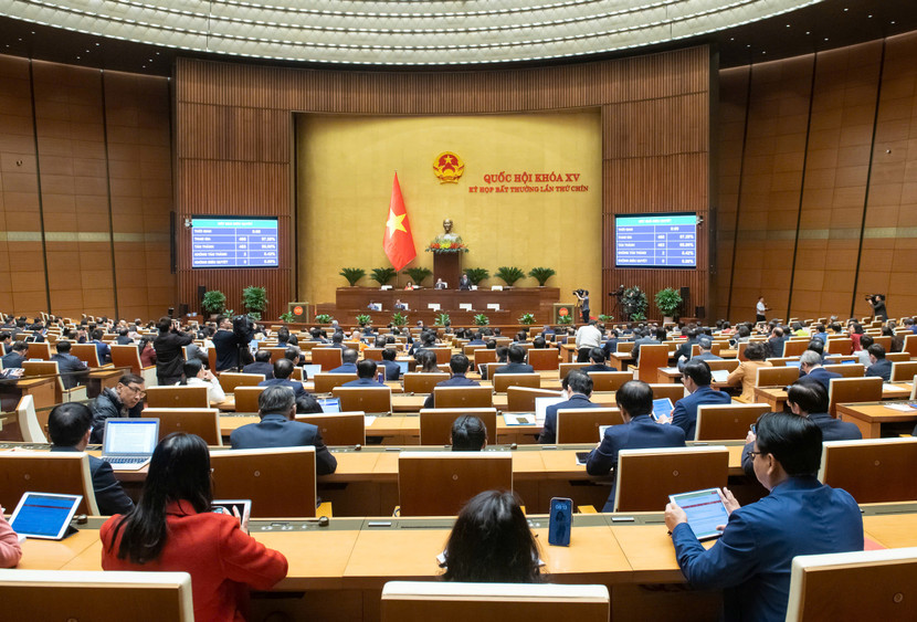 Quang cảnh hội trường Quốc hội phiên bỏ phiếu thông qua Luật Tổ chức Chính phủ (sửa đổi)